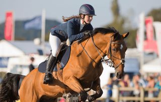 Equestrian rider jumping a horse in competition, representing active adults and equestrians returning to sport after hip arthroscopy recovery at Tyrance Orthopedics in Palm Beach.