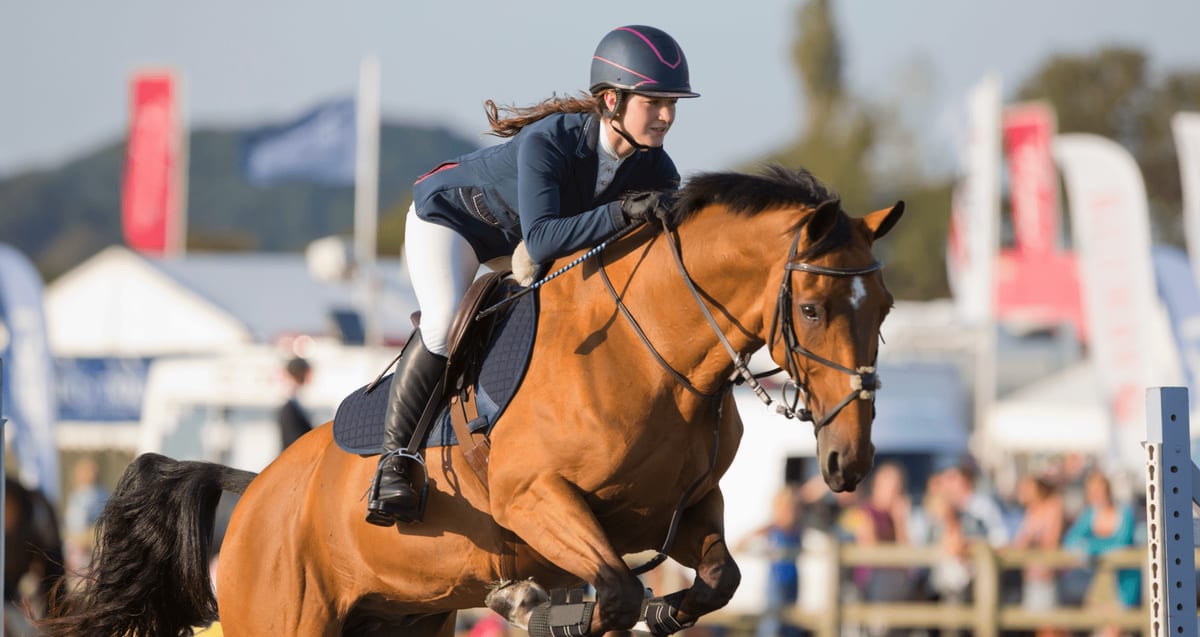 Equestrian rider jumping a horse in competition, representing active adults and equestrians returning to sport after hip arthroscopy recovery at Tyrance Orthopedics in Palm Beach.
