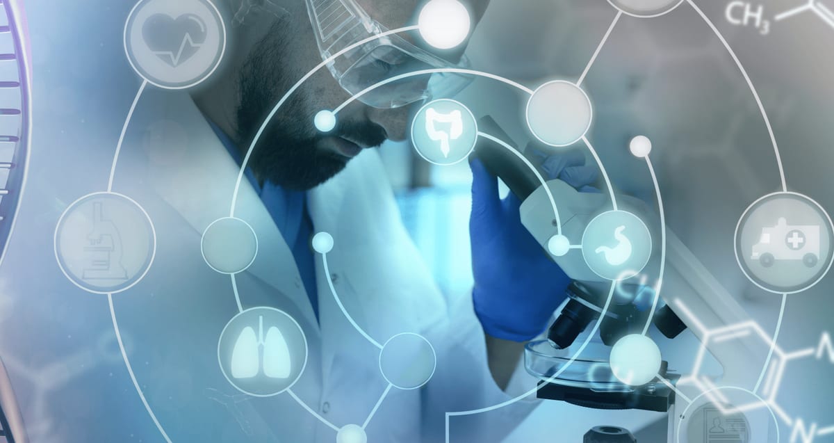 Scientist examining a sample under a microscope with medical data overlays, representing the science behind PRP regenerative treatment at Tyrance Orthopedics in Delray Beach.