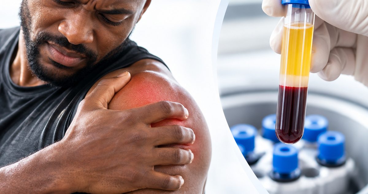Provider preparing a platelet-rich plasma (PRP) injection to treat a patient's shoulder pain.